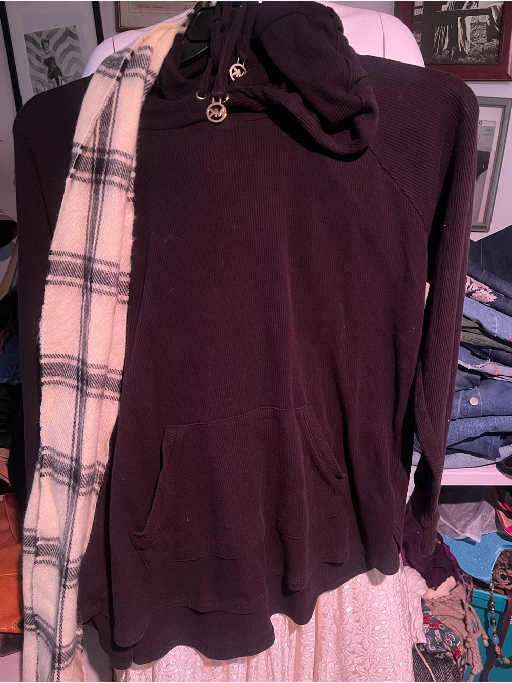 Michael kors Women's Black Hooded Thermal Pullover Sweatshirt with scarf